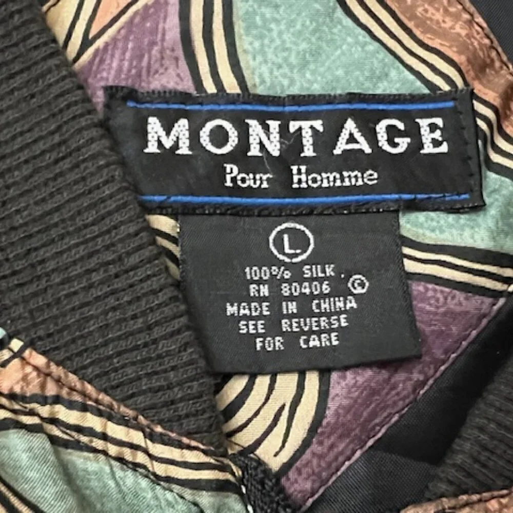 Vintage Montage Pour Homme Men's 100% Silk Bomber Jacket Geometric Print